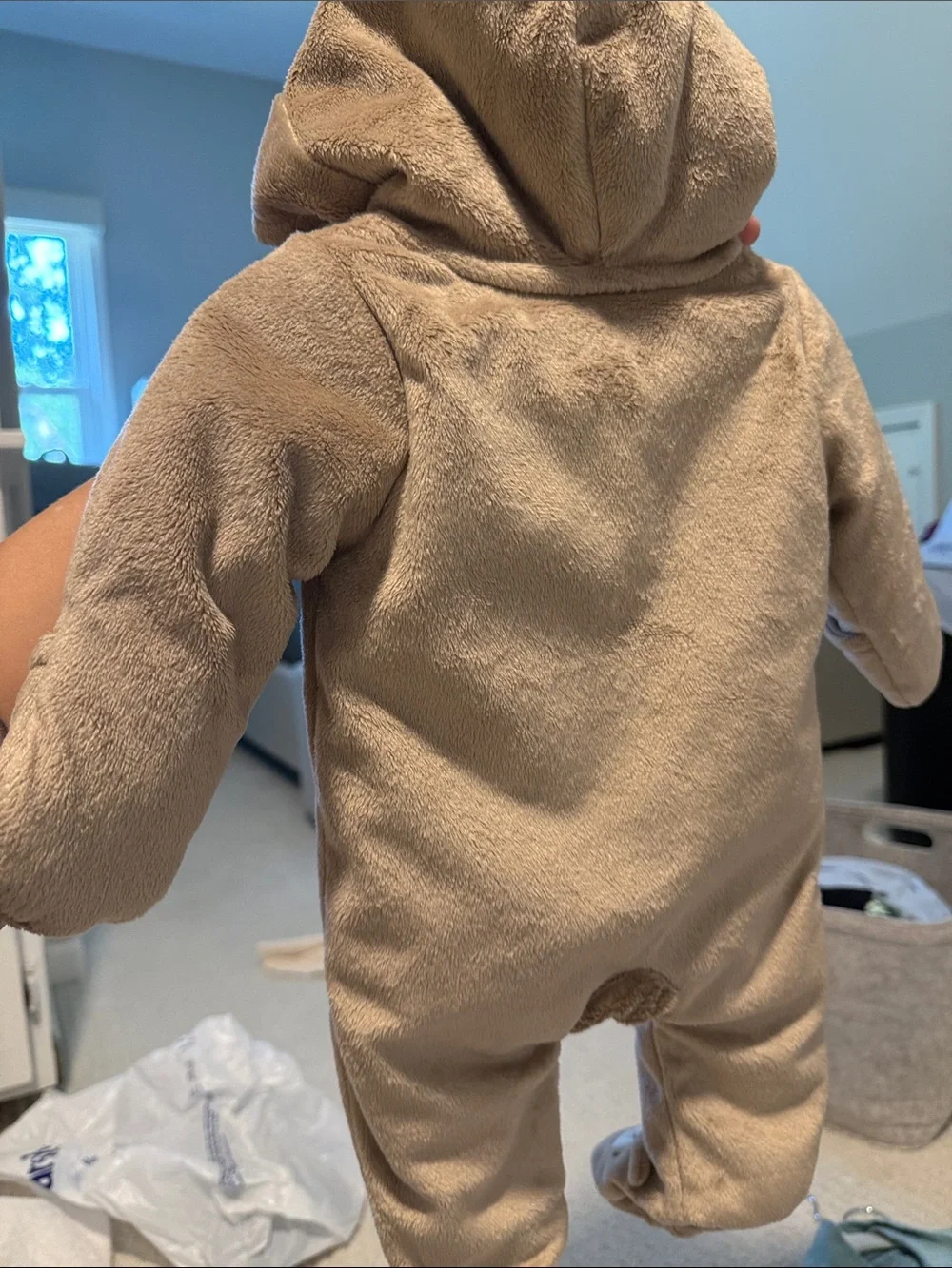 Plush Hooded Baby Footed One-Piece in Tan by